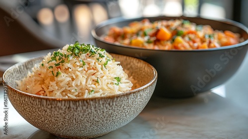 Bowl of Rice and Stew on Table. photo