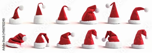 Twelve red Santa hats in various positions on white background.