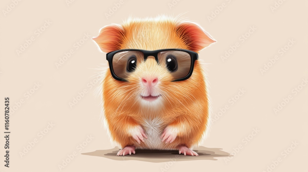 Obraz premium Cute Guinea Pig in Glasses Smiling, Isolated on Beige Background
