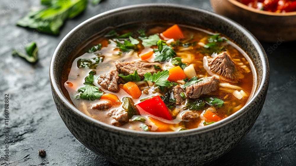 Beef and Vegetable Soup in a Bowl. Beef and Vegetable Soup in a Bowl.