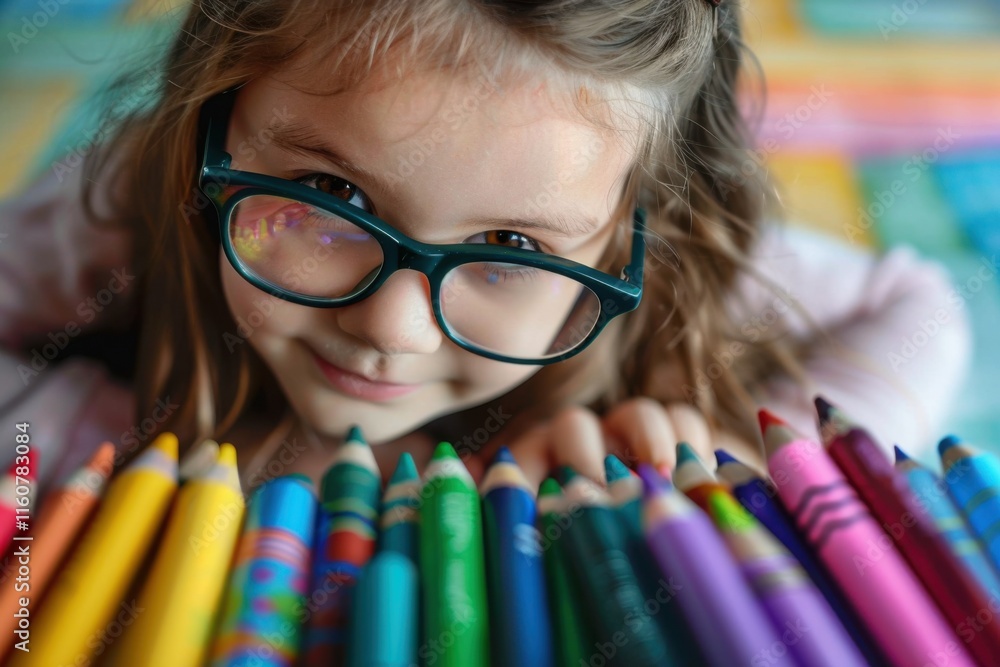 Creative young girl with glasses gazing at a rainbow of crayons, her expression beaming with enthusiasm, colorful and engaging setting Creative young girl with glasses gazing at a rainbow of crayons, her expression beaming with enthusiasm, colorful and engaging setting