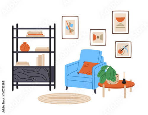 Living room interior. Modern furniture, armchair, tea table and potted plant, cozy house interior flat vector illustration. Contemporary living room