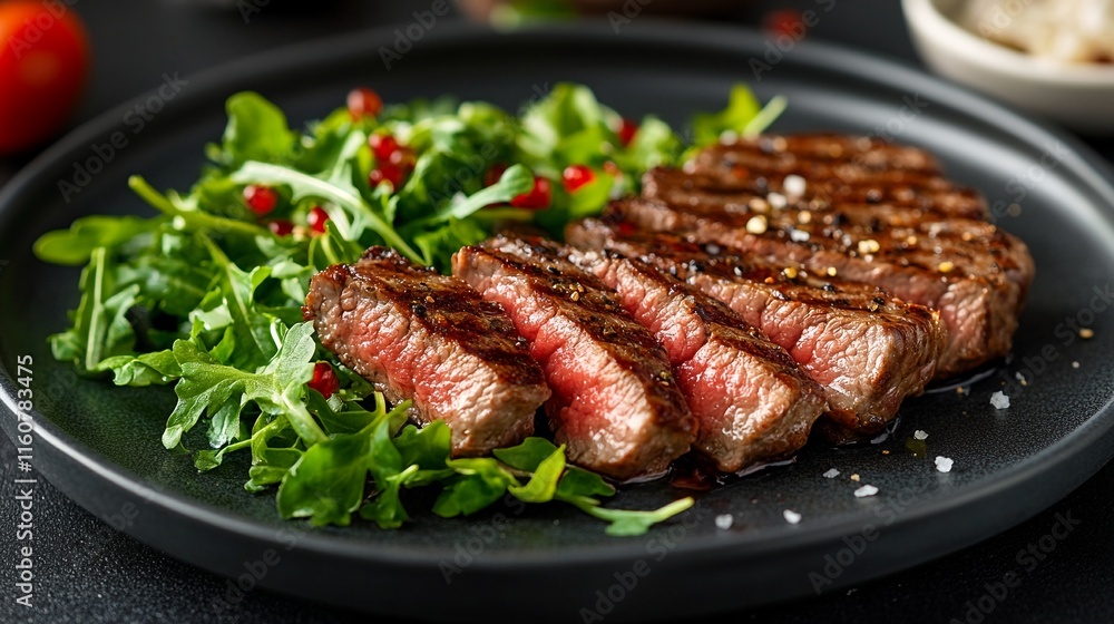 Plate of sliced steak with arugula salad and red pomegranate seeds. Plate of sliced steak with arugula salad and red pomegranate seeds.