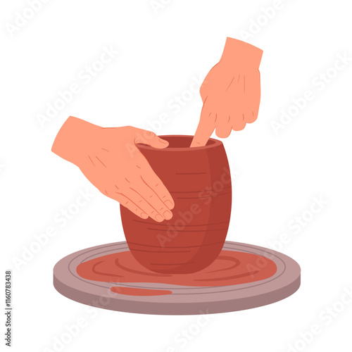 Potter hands create vase. Ceramic studio potter modeling clay vase on potters wheel, hands making pot flat vector illustration. Pottery workshop process