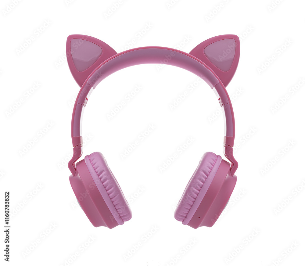 Pink children's wireless headphones with cat ears isolated on white background.
