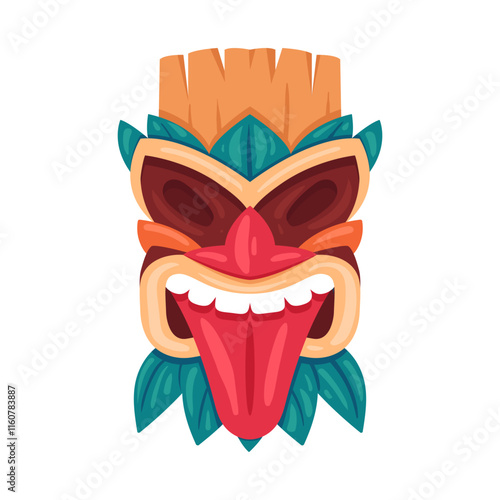 Tiki totem mask. Cartoon ceremonial wooden tiki african or hawaiian mask, ethnic ritual idol flat vector illustration. Tribal ritual mask on white