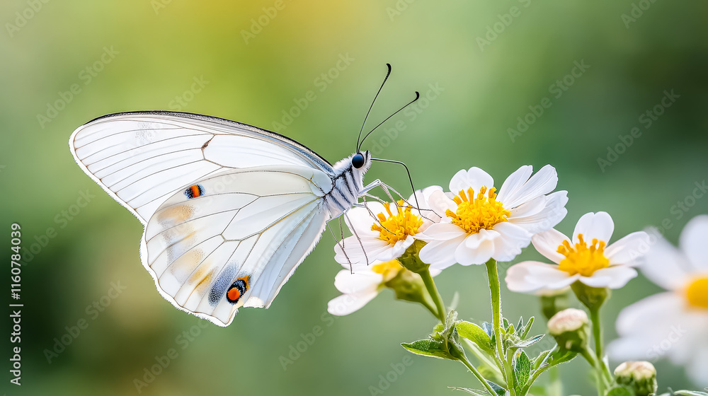 White butterfly is sitting on a yellow flower. The butterfly is surrounded by green leaves and stems. Concept of tranquility and beauty, as the butterfly White butterfly is sitting on a yellow flower. The butterfly is surrounded by green leaves and stems. Concept of tranquility and beauty, as the butterfly