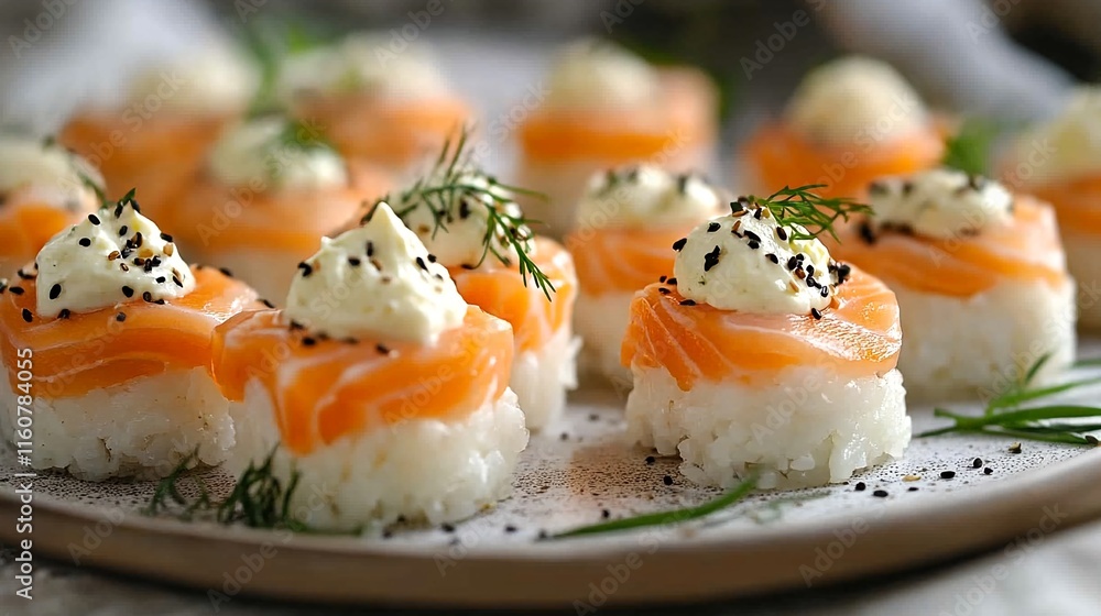 Sushi Rolls With Salmon and Cream Cheese Toppings. Sushi Rolls With Salmon and Cream Cheese Toppings.