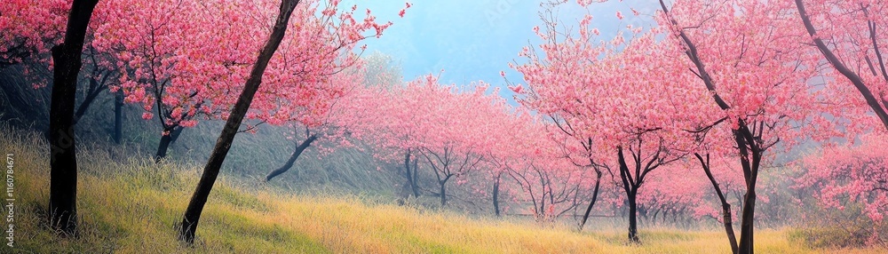 Serene landscape of blooming cherry blossom trees in a tranquil setting. Serene landscape of blooming cherry blossom trees in a tranquil setting.