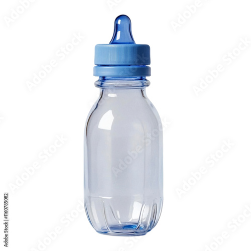 Empty Baby Bottle with Blue Cap, Isolated White Background Stock Photo photo