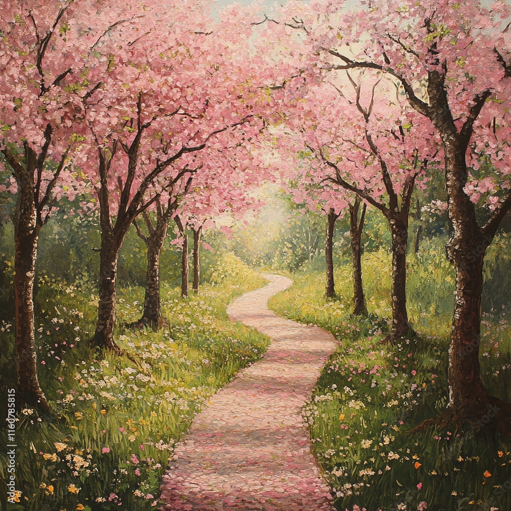 Serene pathway lined with blooming cherry trees in a peaceful garden. Serene pathway lined with blooming cherry trees in a peaceful garden.