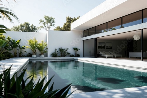 Modern outdoor pool with minimalist architecture and greenery.generative AI 