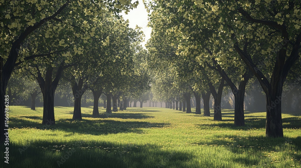 A serene pathway lined with lush green trees in a tranquil park setting. A serene pathway lined with lush green trees in a tranquil park setting.
