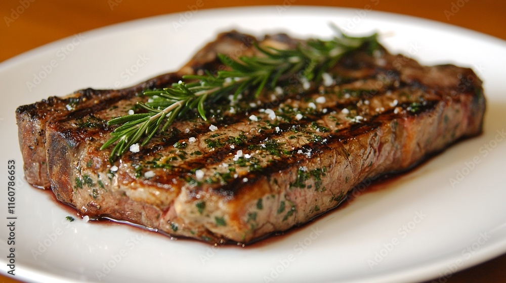 A cooked steak seasoned with rosemary and salt on a white plate. A cooked steak seasoned with rosemary and salt on a white plate.