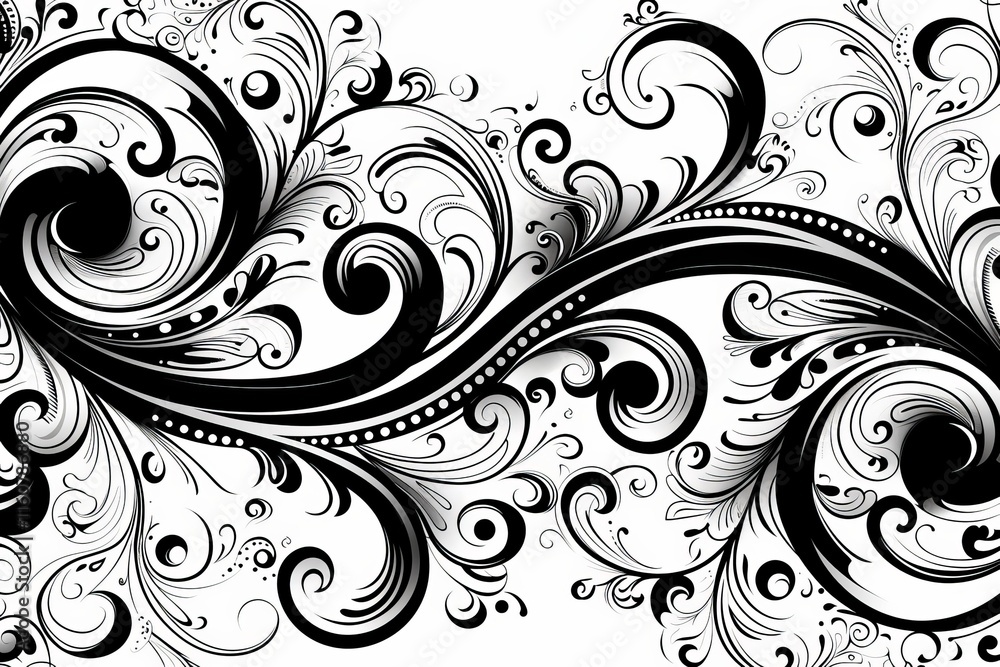 Elegant black and white floral swirl pattern with intricate designs on a bright background Elegant black and white floral swirl pattern with intricate designs on a bright background