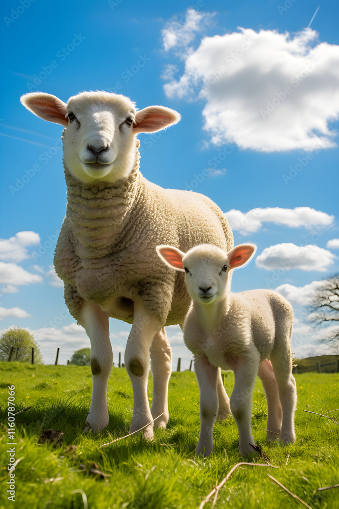 Pastoral Symphony: Tranquil Image of Mother Ewe and Lamb Grazing in a Lush Green Field Pastoral Symphony: Tranquil Image of Mother Ewe and Lamb Grazing in a Lush Green Field