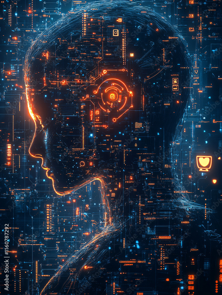 Obraz premium A silhouette of a woman on a futuristic technology background, resembling a robot or an imaginative representation of artificial intelligence, Futuristic AI Concept: Digital Human Profile with Glowing