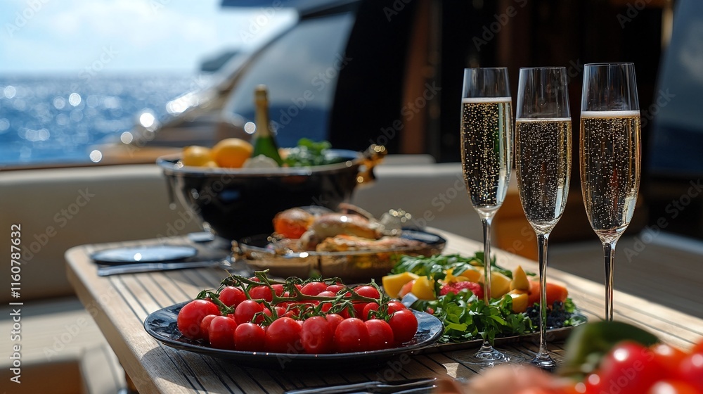 Fototapeta premium A table set with food and drinks on a boat or yacht.