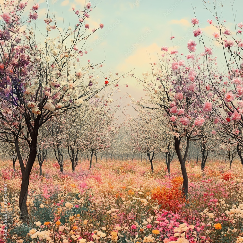 Blooming flower field with vibrant cherry blossom trees in pastel colors. Blooming flower field with vibrant cherry blossom trees in pastel colors.