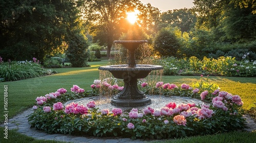 A fountain surrounded by flowers and grass in a park. photo