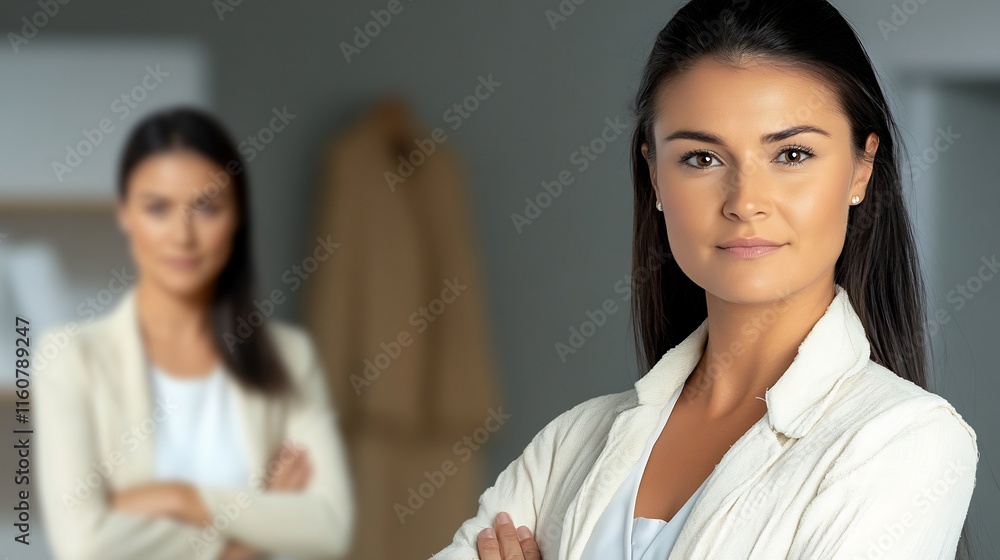 Confident Woman Poses Sharply, Close-Up Photo, Modern Office Background. AI Generated Confident Woman Poses Sharply, Close-Up Photo, Modern Office Background. AI Generated