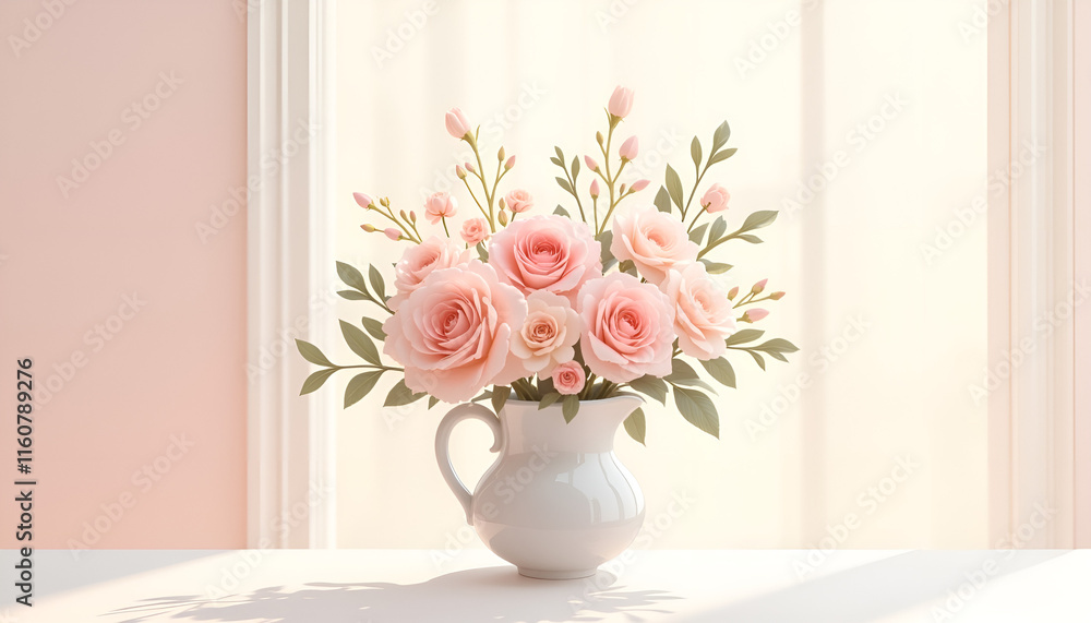 Elegant pink rose bouquet arranged in a white pitcher at a bright window Elegant pink rose bouquet arranged in a white pitcher at a bright window