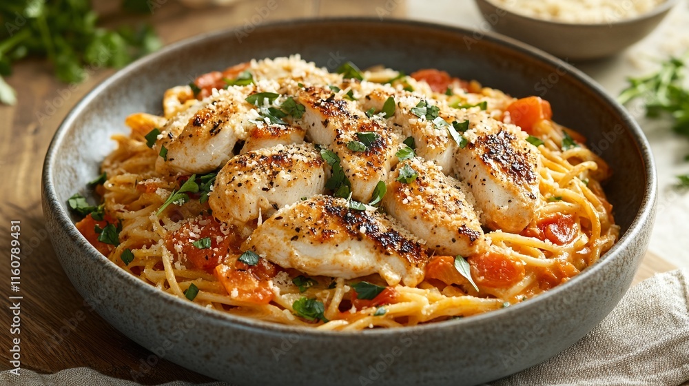 Chicken and Tomato Pasta with Parmesan Cheese. Chicken and Tomato Pasta with Parmesan Cheese.