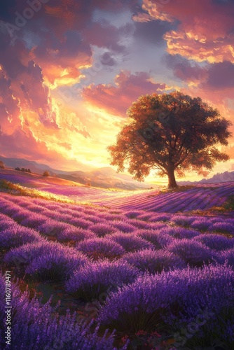 Hyperrealistic photograph of a sprawling lavender field at sunset with perfectly aligned rows of vibrant purple lavender photo