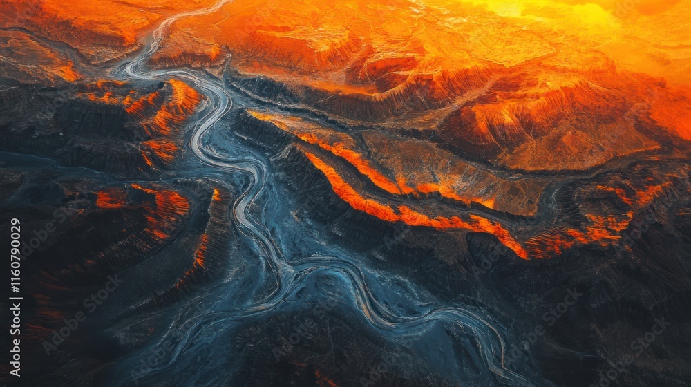Aerial view of a fiery orange and dark blue canyon landscape. Aerial view of a fiery orange and dark blue canyon landscape.