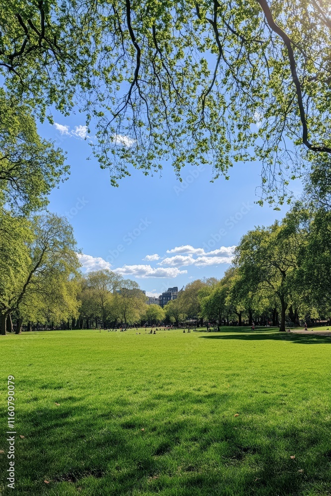 Fototapeta premium Serene Park Landscape with Green Grass and Blue Sky, ideal for outdoor and nature-related designs