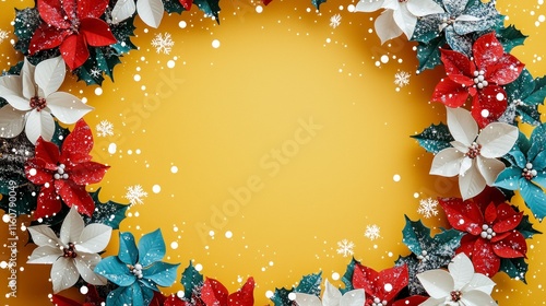 Vibrant Christmas Wreath with Colorful Flowers and Snowflakes on a Bright Yellow Background Perfect for Holiday Decorations and Seasonal Celebrations photo