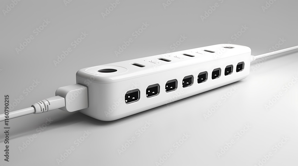 A sleek power strip with multiple outlets, isolated on white. A sleek power strip with multiple outlets, isolated on white.