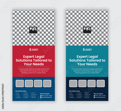 Law firm service DL flyer, law agency  advertising rack card, and law consulting leaflet, handbill design templates with two color variations