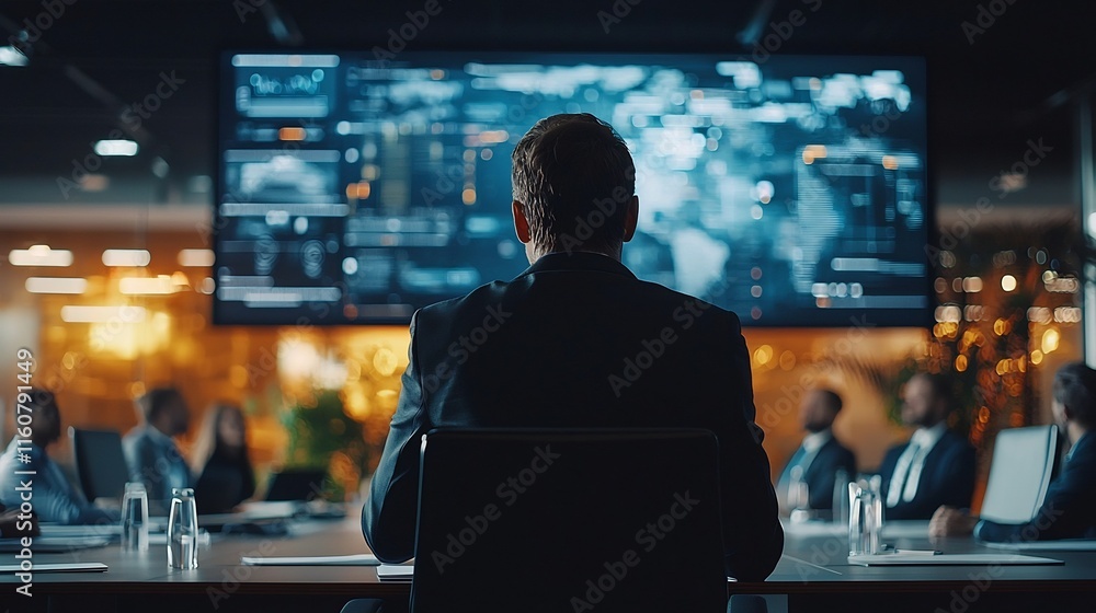 Businessman Giving Presentation to Team in High Tech Corporate Boardroom with Digital Screens and Technology Interface Businessman Giving Presentation to Team in High Tech Corporate Boardroom with Digital Screens and Technology Interface