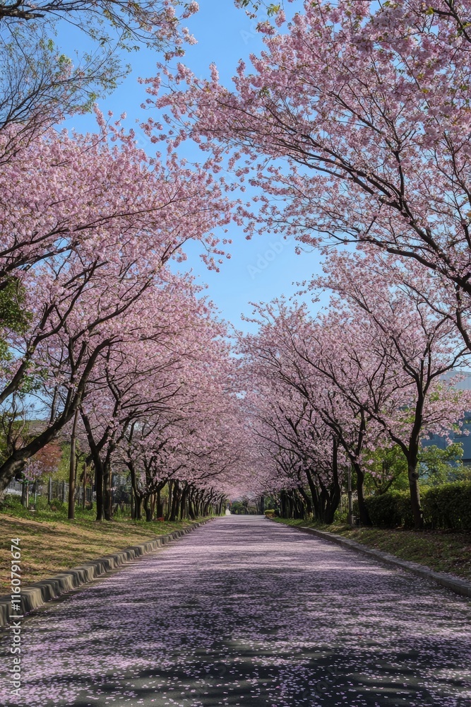 Road lined with cherry blossom trees in full bloom, pink petals covering the sky and branches - Spring scenic landscape Road lined with cherry blossom trees in full bloom, pink petals covering the sky and branches - Spring scenic landscape