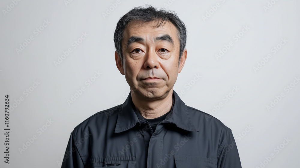 Obraz premium 真剣な表情で作業着を着る60代日本人男性の白背景スタジオ写真