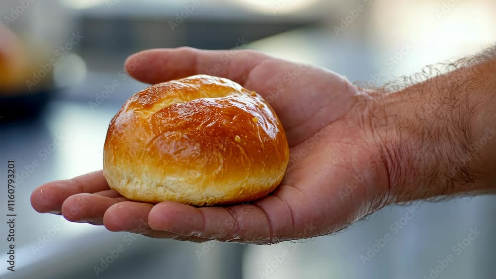 Freshly baked bread roll held in hand, showcasing its golden crust and soft interior Freshly baked bread roll held in hand, showcasing its golden crust and soft interior