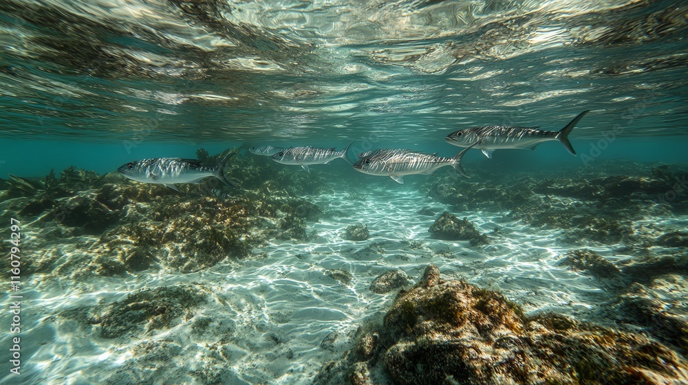Underwater scene with fishes swimming over rocks in clear blue water. Underwater scene with fishes swimming over rocks in clear blue water.