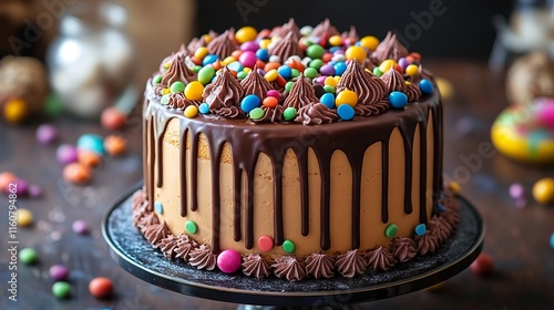 A chocolate cake with colorful candies on top. photo