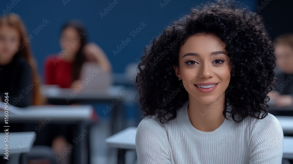 Close-up Photo: Confident Student Smiles Brightly in a Busy Classroom. AI Generated Close-up Photo: Confident Student Smiles Brightly in a Busy Classroom. AI Generated