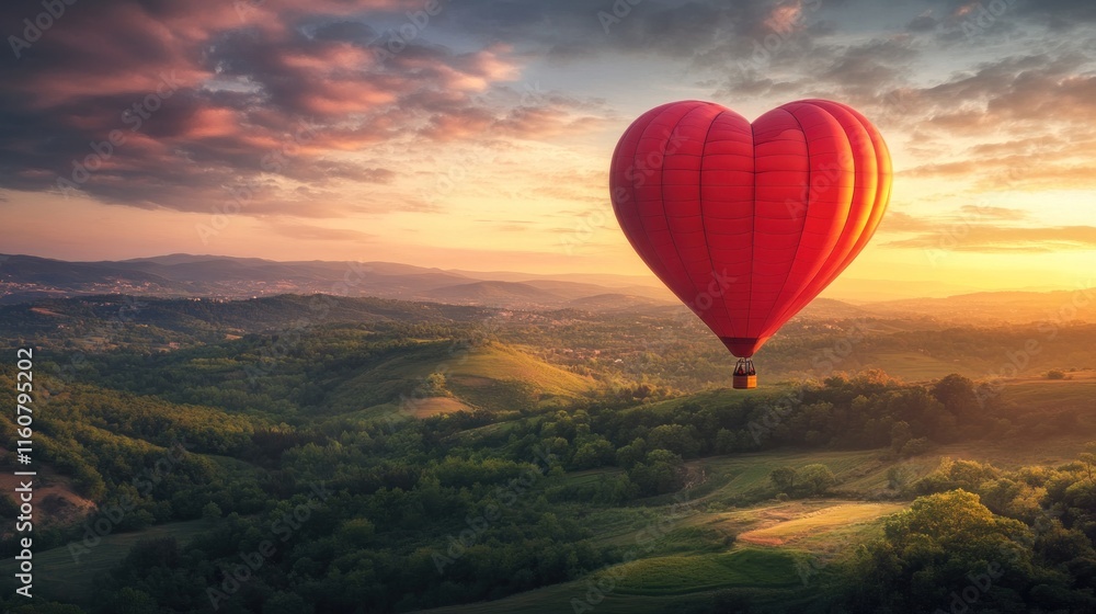 Obraz premium A vibrant heart-shaped hot air balloon floats above lush green hills during a picturesque sunset.