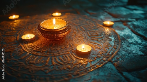 Cultural significance of rangoli patterns and candles creating a warm ambience for festive celebrations photo