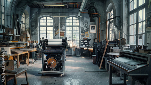 A dynamic printing press facility blends heritage methods with modern innovations. Large presses churn out high-quality prints, meeting demands for artistic expression and commercial use.