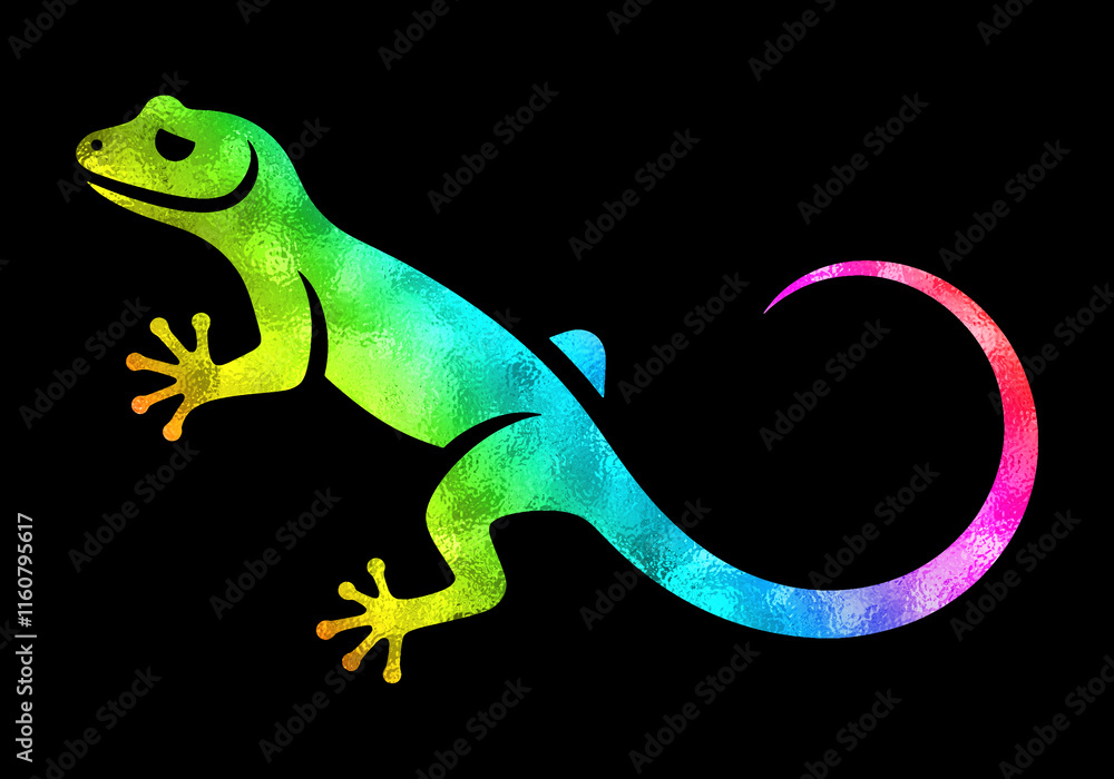 Naklejka premium トカゲの虹色グラデーションのシルエットイラスト 黒背景の切り抜き