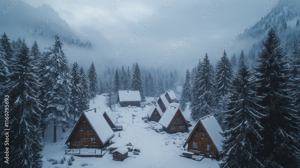 Snowy mountain cabins nestled in a winter wonderland. Snowy mountain cabins nestled in a winter wonderland.