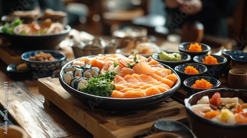 A table laden with an assortment of Japanese dishes, including sashimi and sushi. photo