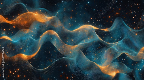 A swirling nebula of vibrant blue and dark dust illuminates the cosmos, a celestial dance of stars and galaxies against the deep night sky