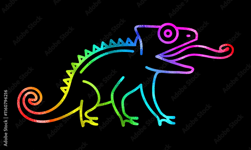 舌を伸ばしているカメレオンの虹色グラデーションの手描き線画イラスト 黒背景の切り抜き 舌を伸ばしているカメレオンの虹色グラデーションの手描き線画イラスト 黒背景の切り抜き