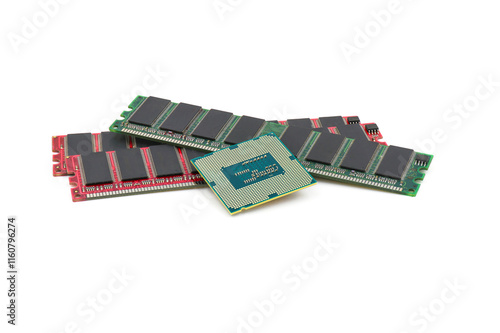 CPU and RAM isolated on a white background. CPU and RAM for a laptop. Set of RAM and processor. top view. photo