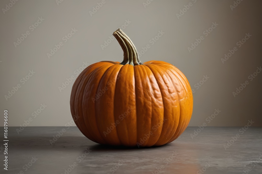 there is a small pumpkin sitting on a table with a gray background there is a small pumpkin sitting on a table with a gray background